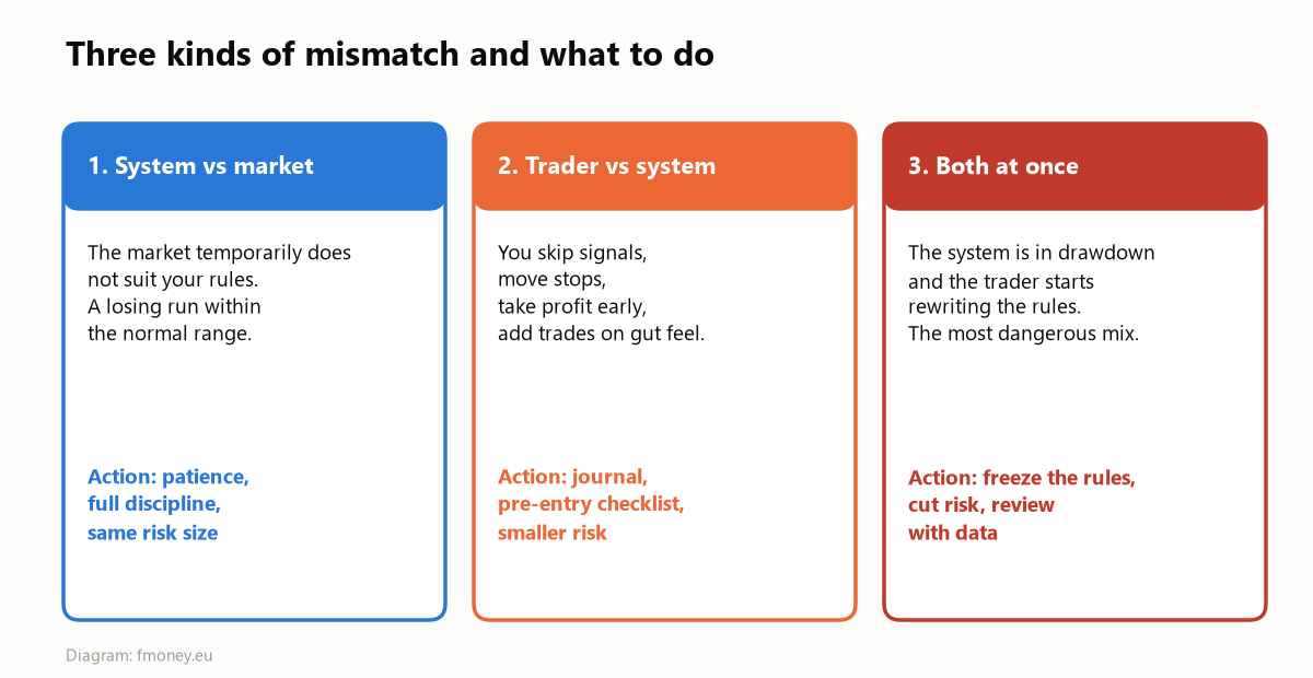 Diagram of three kinds of mismatch: system vs market, trader vs system, and both at once, with a recommended action for each